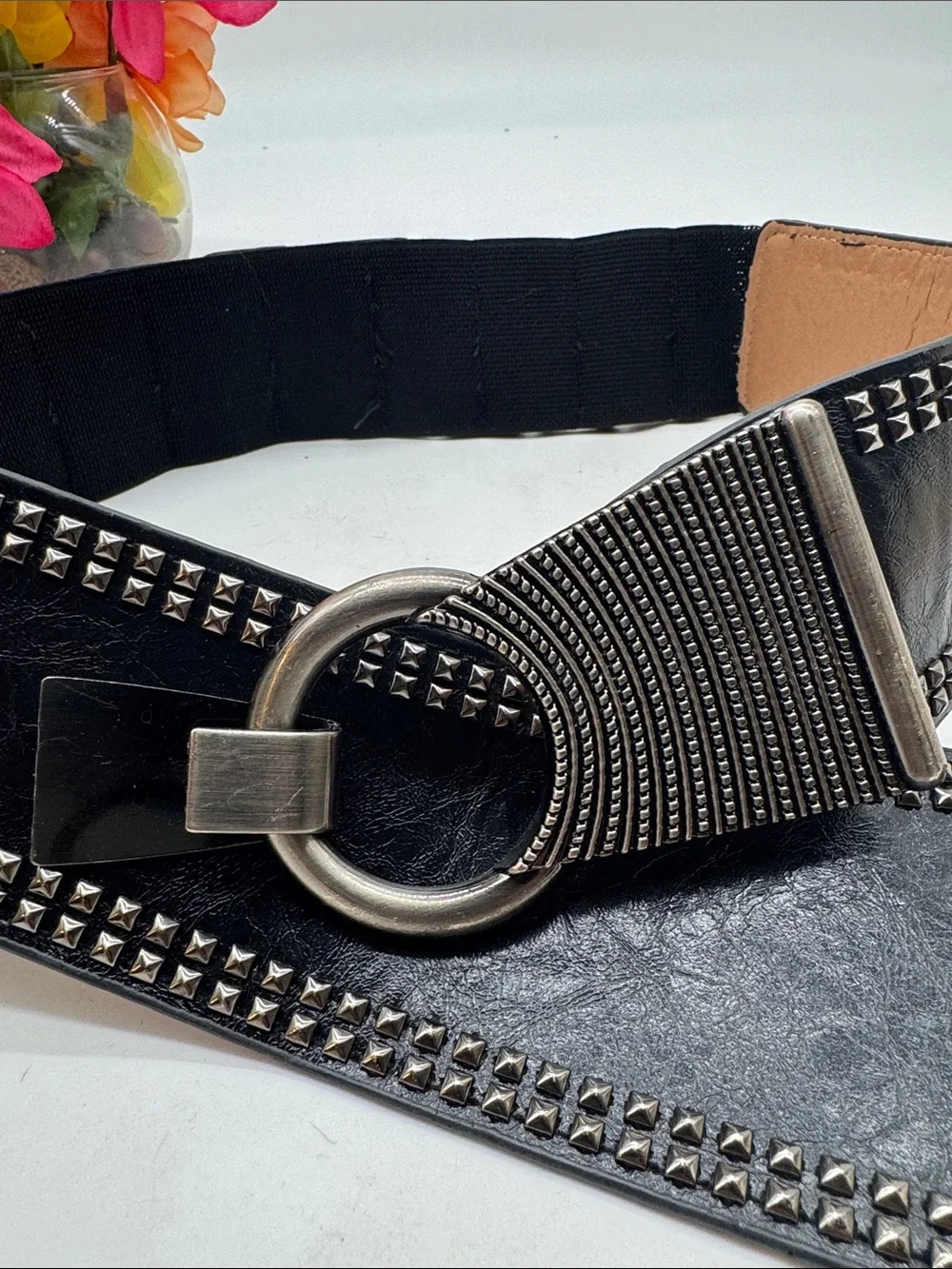 Black Studded Elastic Waist Belt with Ring Buckle